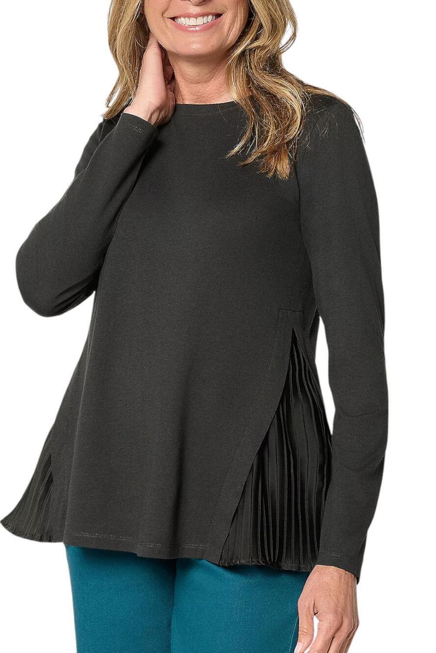 LOGO by Lori Goldstein Women's Long Slv Tee w/ Side Pleats Phantom - Plus